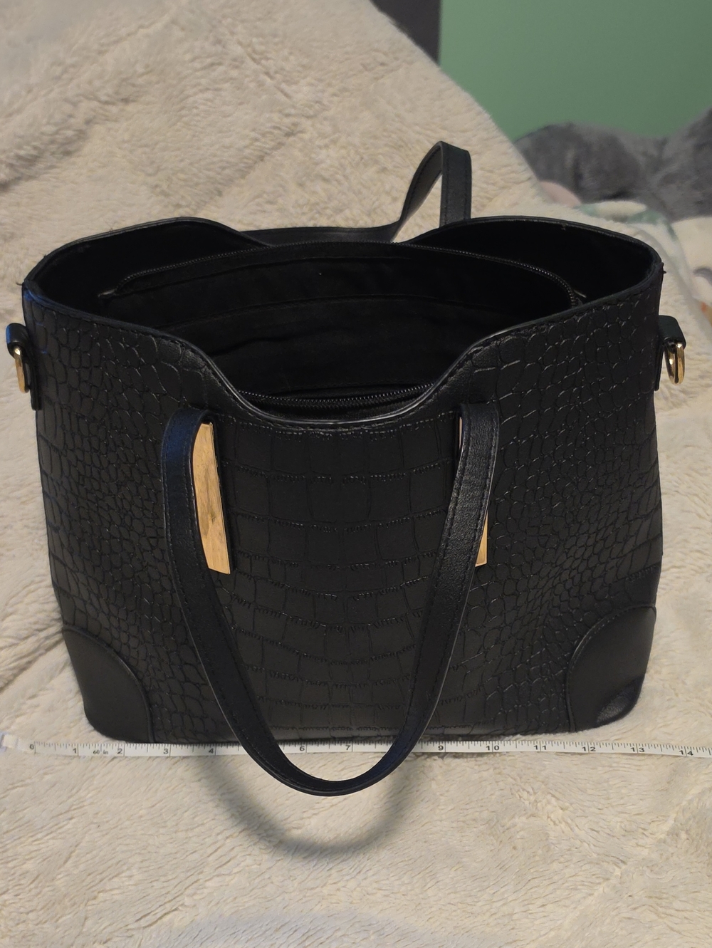 Black Faux-Croc Tote with Gold Accent Hardware